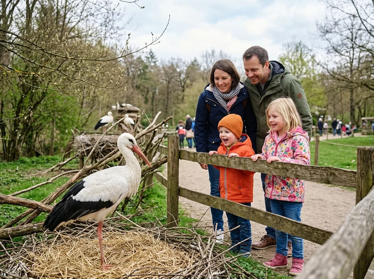 Famille se promenant dans le parc Cigoland au printemps, enfants observant des cigognes dans un cadre champêtre verdoyant