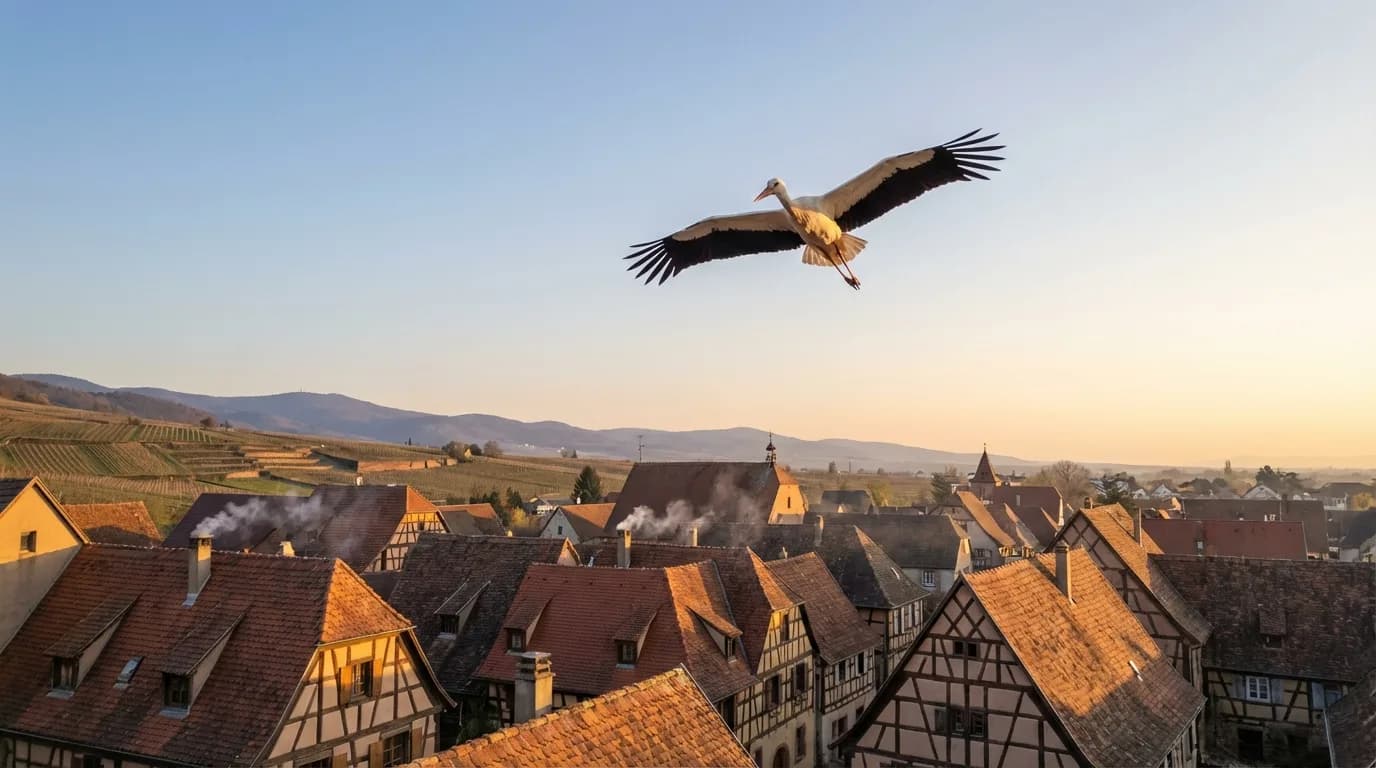 Cigogne blanche en vol au-dessus des toits alsaciens au printemps, ciel bleu et vignes de Kintzheim en arrière-plan