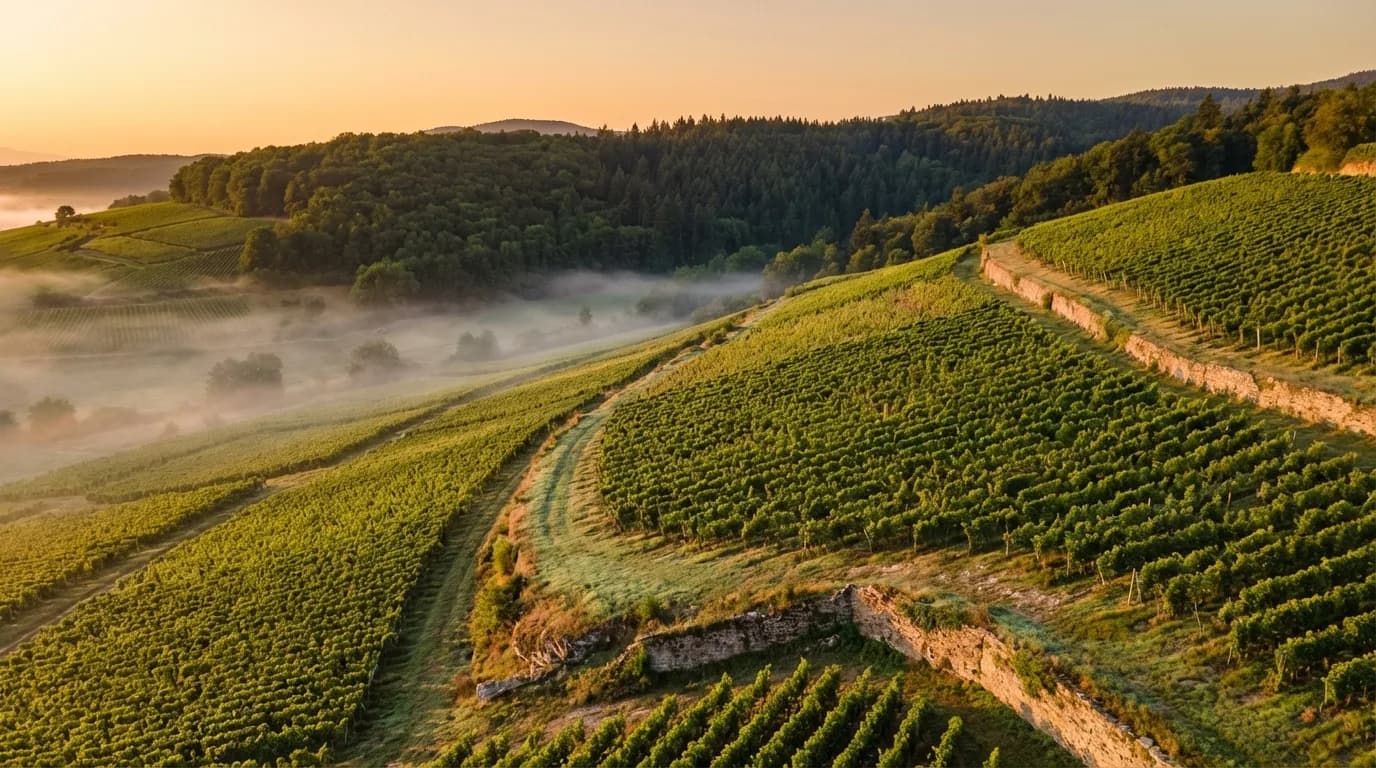 Vignobles en terrasses du Bollenberg au printemps avec les forêts vosgiennes en arrière-plan, circuit Entre vignobles et forêts Guebwiller Soultzmatt
