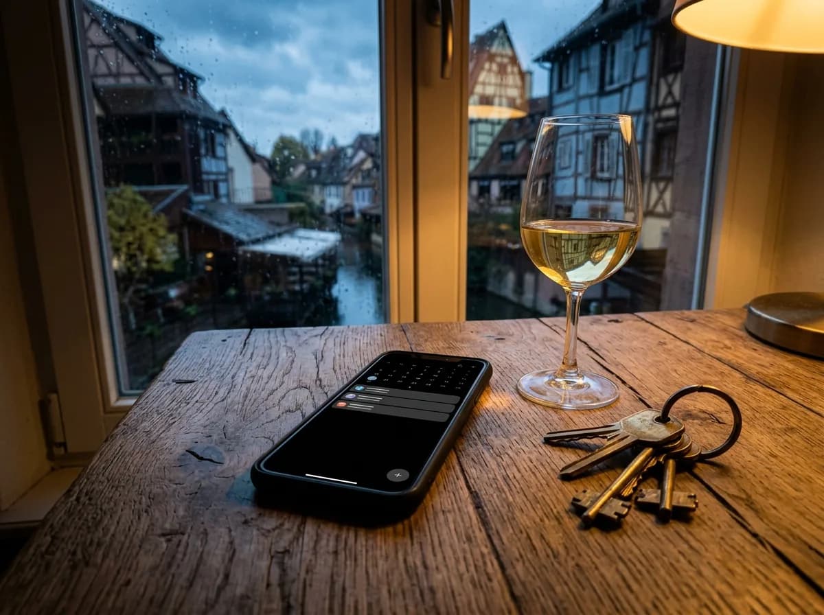 Écran de smartphone affichant des messages voyageurs, posé sur un bureau à côté d'un trousseau de clés — la communication quotidienne en location saisonnière