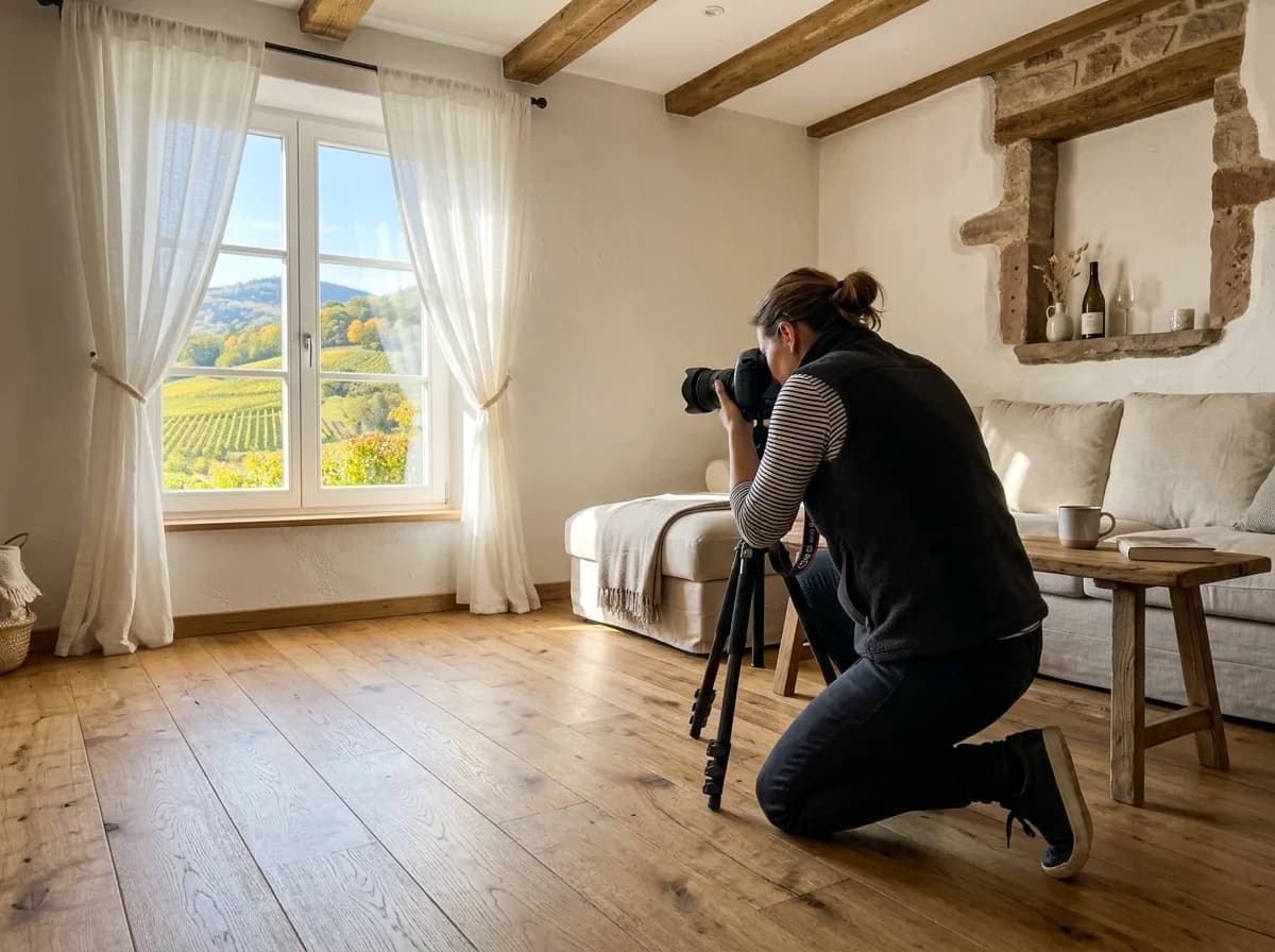 Propriétaire consultant et éditant son annonce Airbnb sur ordinateur portable, carnet de notes alsacien à côté, ambiance lumineuse de bureau à domicile