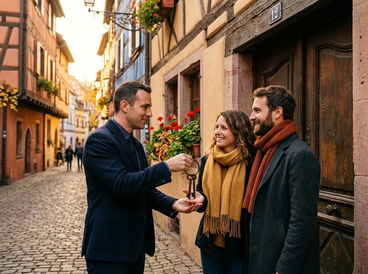 Équipe de conciergerie coordinant un check-in dans un appartement alsacien à poutres apparentes pendant que le propriétaire consulte son tableau de bord à distance