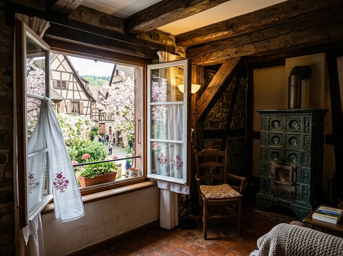 Vue aérienne du centre historique d'Obernai avec ses toits alsaciens typiques au printemps