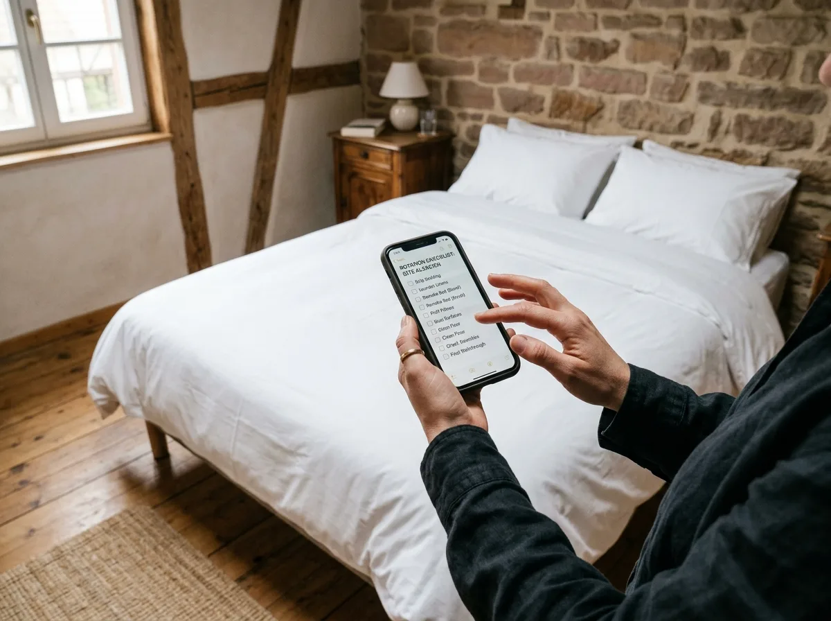 Checklist de turnover posée sur un plan de travail, avec linge plié et produits d'accueil alignés, lumière naturelle printanière