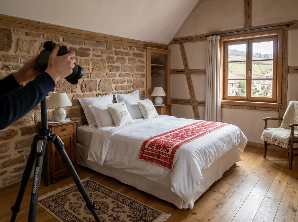 Tableau de bord de statistiques d'annonce Airbnb sur laptop, avec métriques de taux de clic et d'occupation, dans un cadre de travail de propriétaire bailleur alsacien