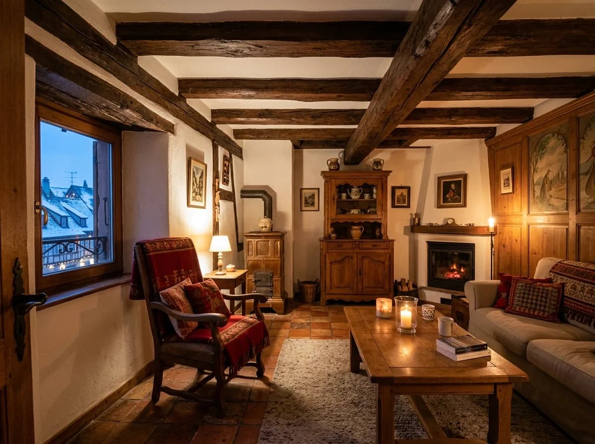 Appartement bien équipé en centre de Colmar, lumière naturelle, cuisine équipée et décoration alsacienne discrète – ambiance propriétaire investisseur