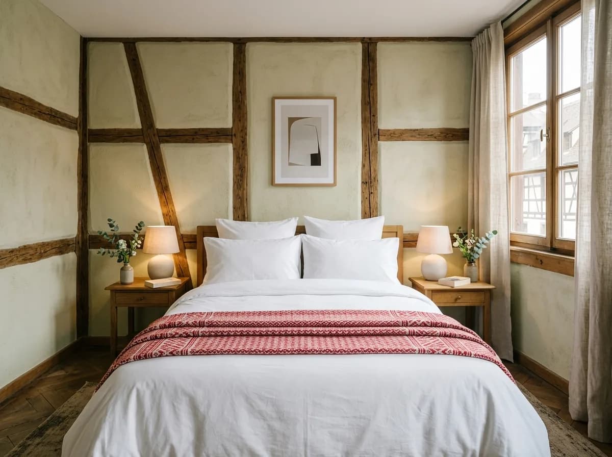 Salon alsacien désencombré et bien éclairé, avec literie soignée visible en arrière-plan, illustrant une préparation professionnelle avant séance photo Airbnb