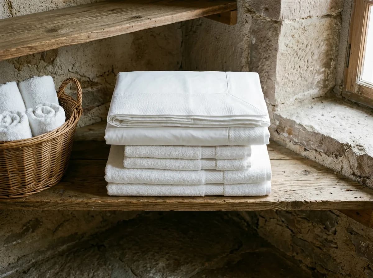 Gîte alsacien en hiver avec literie hivernale épaisse, thermostat visible et éclairage d'ambiance chaleureux dans la chambre