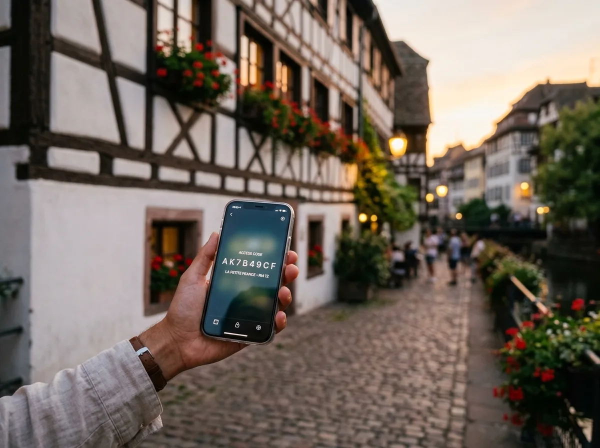 Illustration d'un message d'accès bien structuré avec photo de façade et emplacement du dispositif d'accès