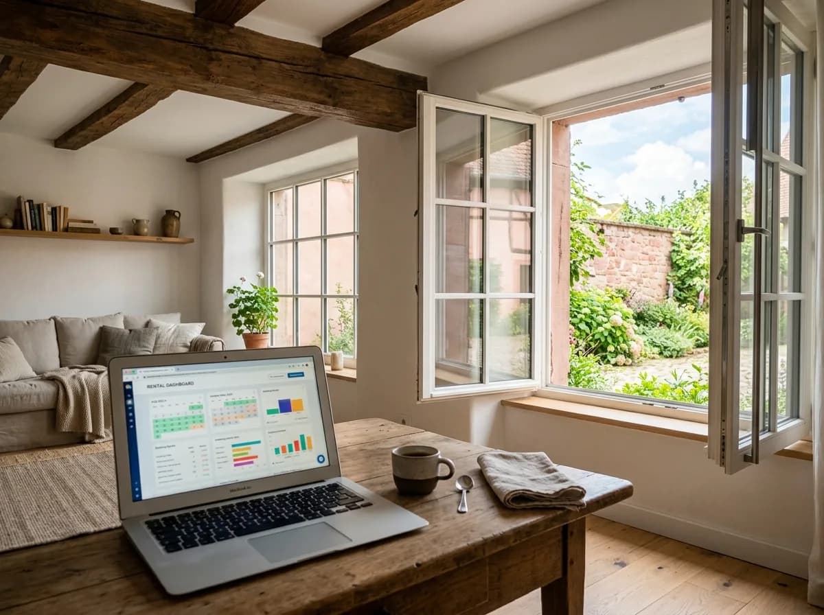 Tableau de bord de gestion d'une location saisonnière en Alsace montrant un calendrier de réservations d'août avec zones de pic et creux intermédiaires