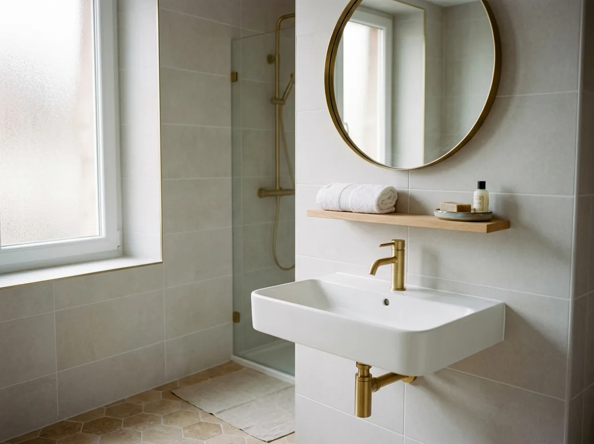 Salle de bain fonctionnelle d'un meublé touristique alsacien, robinetterie propre, joints blancs, éclairage soigné au-dessus du miroir