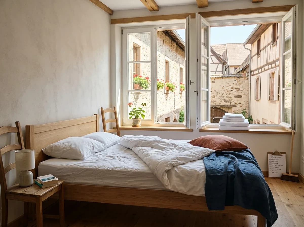 Checklist de ménage de rotation posée sur un lit fait avec des draps blancs frais dans un appartement de location saisonnière alsacien