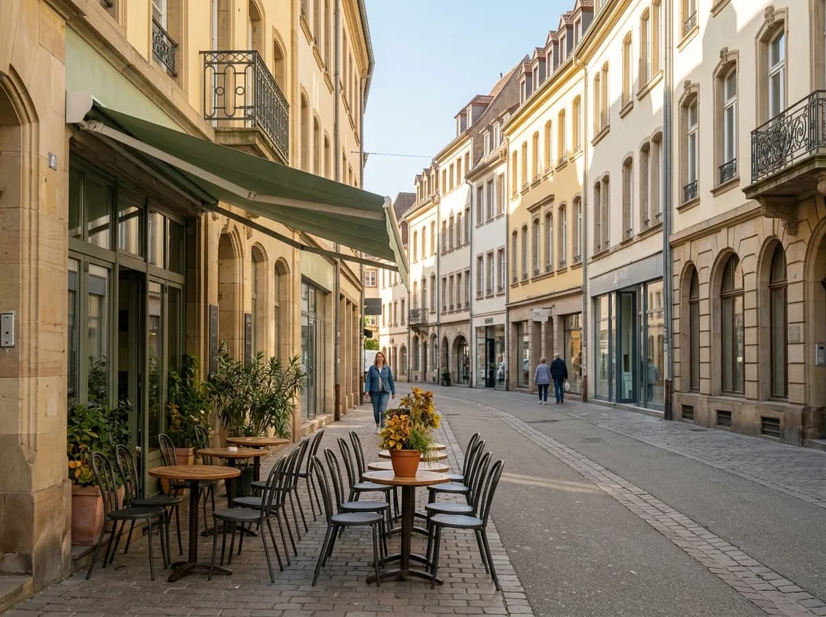 Propriétaire alsacien consultant son calendrier de réservation sur ordinateur portable, avec une vue automnale sur les toits d'un village viticole en arrière-plan