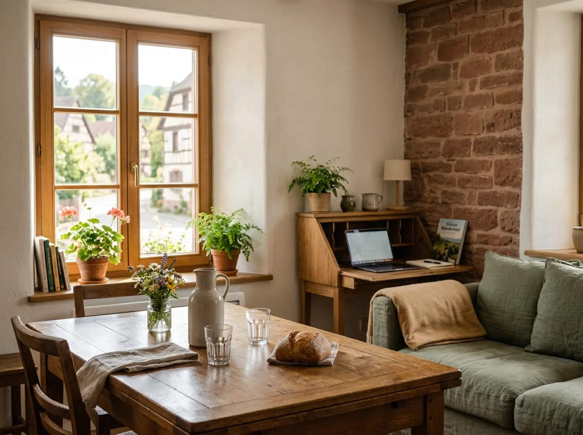 Gîte alsacien en pierres avec jardin en automne, lumière de fin de journée de septembre