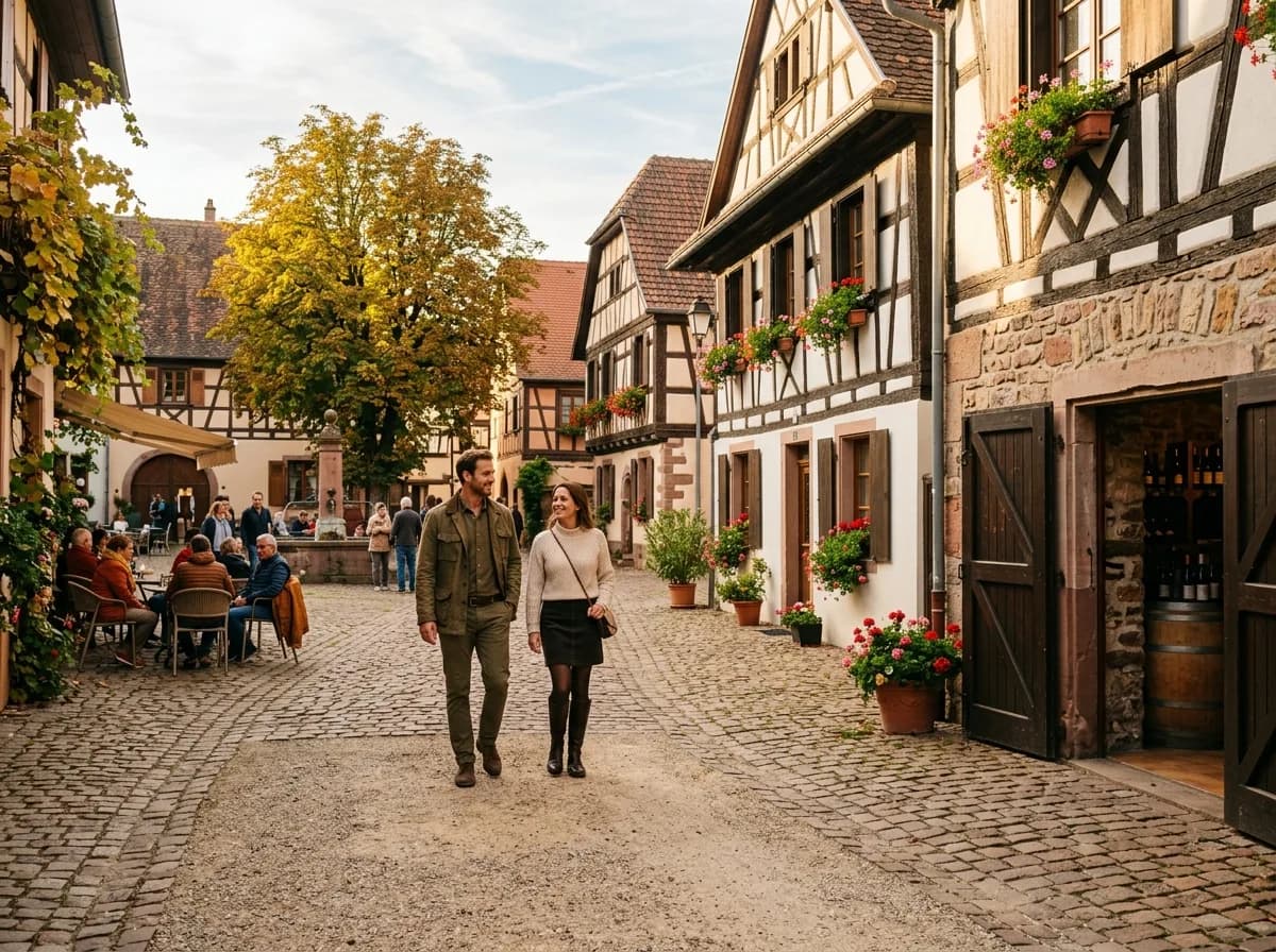 Vue aérienne d'un village alsacien de la Route des Vins en automne, vignes colorées et toits traditionnels, ambiance transition saisonnière