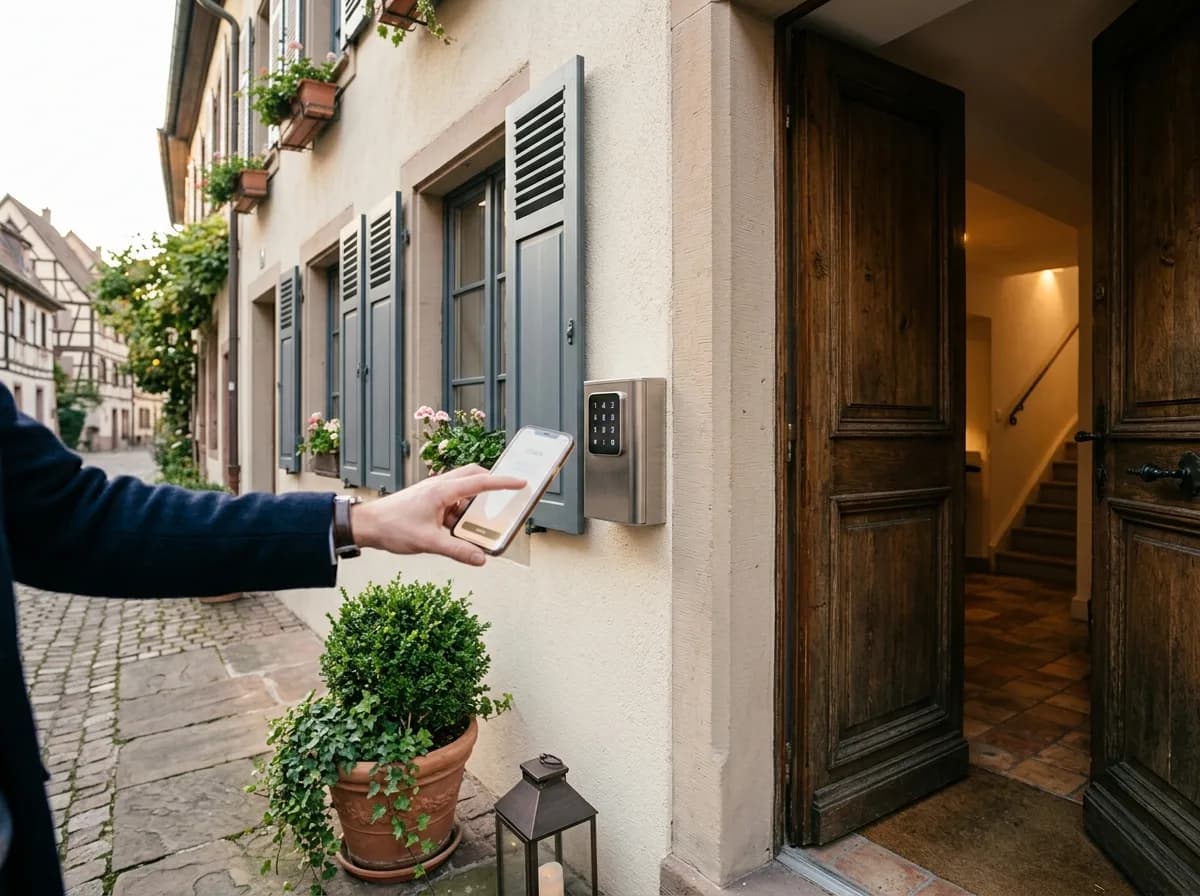 Boîte à clés sécurisée fixée à l'entrée d'un logement alsacien, représentant un check-in autonome organisé