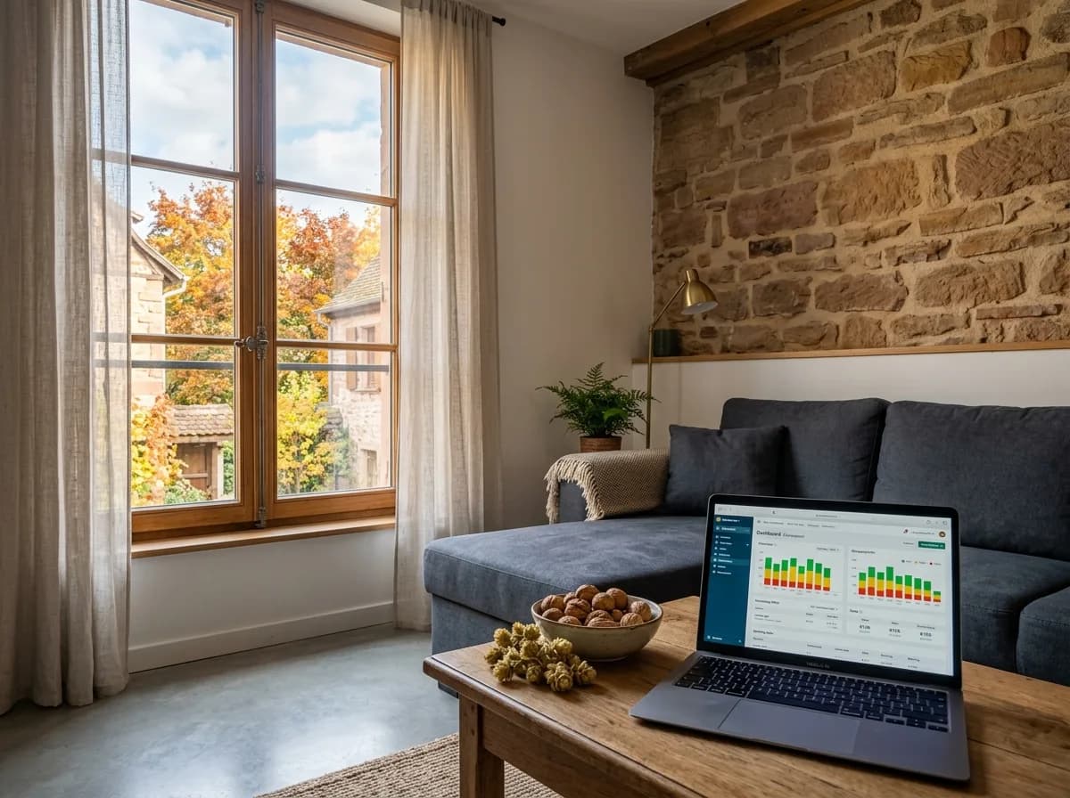 Tableau de bord de gestion locative sur écran, avec calendrier de disponibilités et grille tarifaire automne