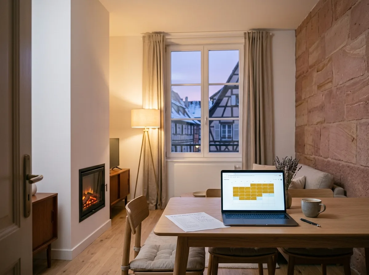 Vue intérieure d'un appartement alsacien cosy en hiver, luminaires chauds, fenêtre donnant sur une rue à colombages – perspective propriétaire et bien immobilier