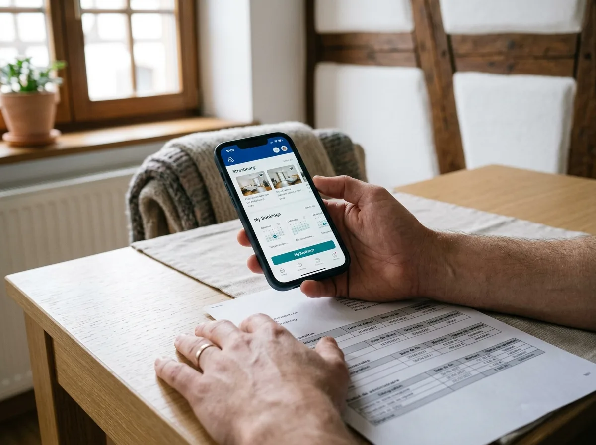 Propriétaire consultant le portail officiel de taxe de séjour sur tablette, avec un carnet de notes et une calculatrice sur son bureau