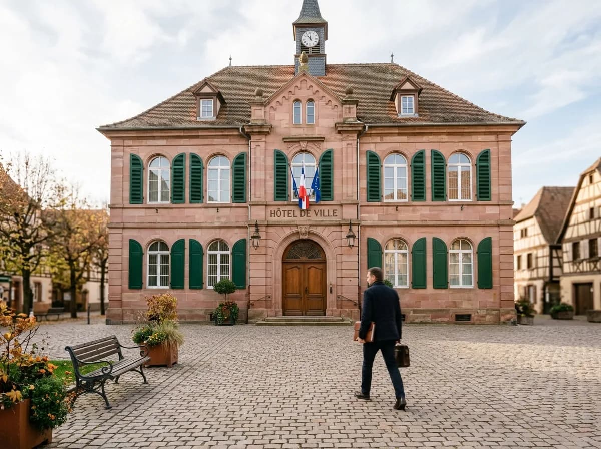 Documents administratifs pour un meublé de tourisme posés sur un bureau, vue hivernale d'une ruelle alsacienne en arrière-plan