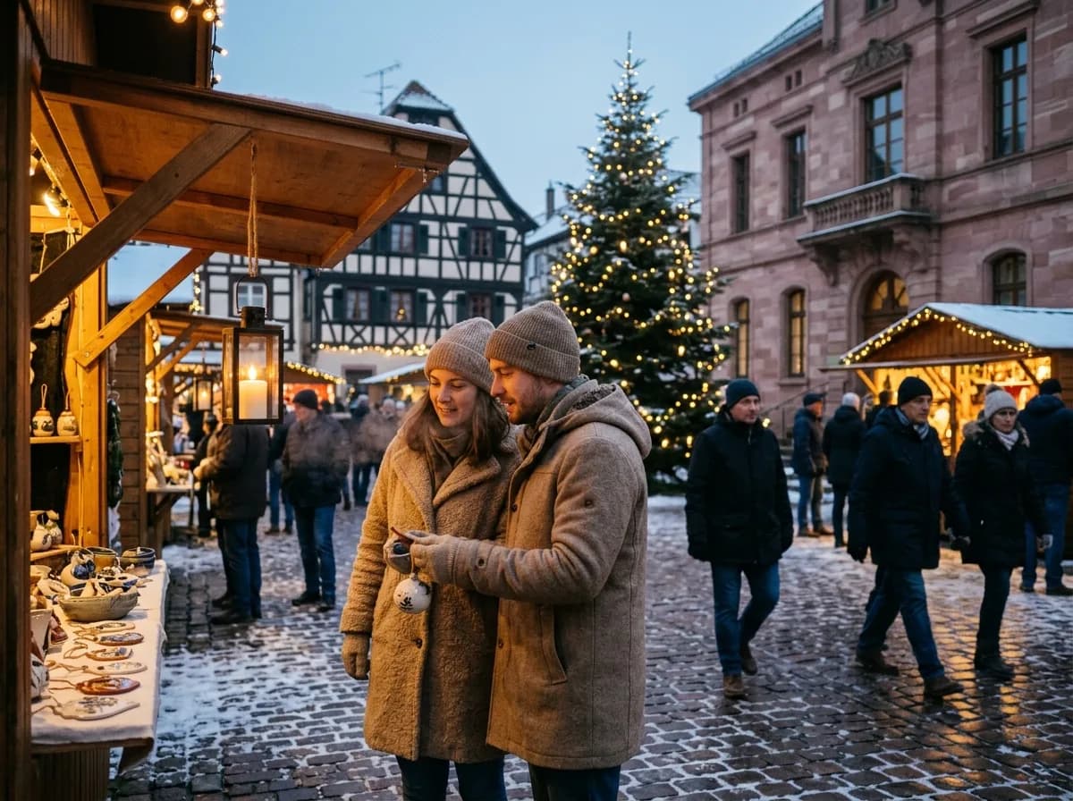 Vue aérienne des toits caractéristiques d'un village alsacien en hiver, colombages sous la neige – perspective patrimoniale et saisonnière